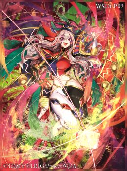 1girl carnival_(wixoss) commentary_request copyright_notice crop_top facepaint gloves gold_trim grey_hair highres hitoto jester long_hair mask mask_on_head midriff multicolored_gloves multicolored_hair official_art open_mouth puppet_strings purple_gloves red_eyes red_gloves red_hair solo teeth upper_teeth_only wixoss
