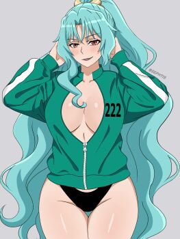 1girl absurdres arms_behind_head artist_name black_panties blue_hair blush breasts cleavage green_jacket grey_background groin highres jacket large_breasts long_hair looking_at_viewer open_mouth panties partially_unzipped red_eyes sephtis simple_background slit_pupils smile solo squid_game teeth thigh_gap tomoe_(tsuki_ga_michibiku_isekai_douchuu) tsuki_ga_michibiku_isekai_douchuu underwear very_long_hair
