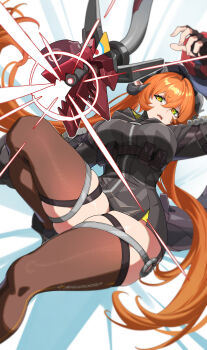 1girl absurdres black_horns black_thighhighs breasts chinese_commentary commentary_request curled_horns dragon_girl dragon_horns fingerless_gloves gloves green_eyes hair_between_eyes highres horns large_breasts long_hair magus_(zenless_zone_zero) mechanical_tail open_mouth orange_hair orange_pupils orphie_magnusson pointy_ears tail tang_ke thighhighs twintails zenless_zone_zero
