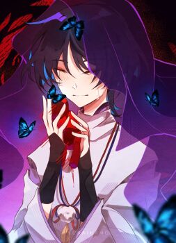 Rule 34 | 1boy, artist name, black background, blue butterfly, blurry, blush, bug, butterfly, character doll, close-up, closed eyes, closed mouth, commentary, crying, depth of field, doll, english commentary, eyeliner, genshin impact, hair between eyes, highres, holding, insect, japanese clothes, jewelry, long sleeves, makeup, motion blur, multicolored hair, necklace, purple hair, purple veil, red eyeliner, sad, scaramouche (genshin impact), scaramouche (kabukimono) (genshin impact), solo, standing, upper body, veil, wide sleeves, yuraikano