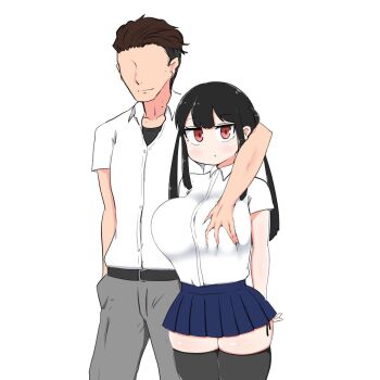 1boy 1girl arm_around_neck arms_behind_back belt black_hair black_shirt black_thighhighs blue_skirt breasts closed_mouth collared_shirt commentary_request cowboy_shot expressionless faceless faceless_male grabbed_breast_over_shoulder grabbing_another&#039;s_breast grey_belt grey_pants groping hand_in_pocket height_difference huge_breasts jitome long_hair long_sidelocks looking_at_viewer madoro mamiya_hina miniskirt original pants pleated_skirt red_eyes school_uniform shirt short_sleeves sidelocks simple_background skirt smile standing thighhighs tsurime twintails white_background white_shirt