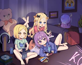 3girls abigail_williams_(fate) absurdres arcade_stick backpack bag bag_of_chips barefoot bike_shorts black_panties black_ribbon blonde_hair blue_eyes blue_hoodie can commission commissioner_upload controller crying_emoji emoji fate/grand_order fate_(series) feet game_controller green_shirt helena_blavatsky_(fate) highres hitbox hood hoodie joystick loli multiple_girls panties paul_bunyan_(fate) playing_games purple_eyes purple_hair randoseru ribbon shirt sitting tagme tape underwear uohhhhhhhhh!_(meme) vieru2n yellow_eyes