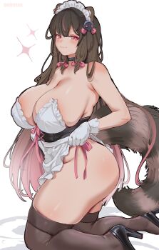 1girl absurdres animal_ears artist_name black_choker black_shoes black_thighhighs blush bow breasts brown_hair choker closed_mouth commentary dress english_commentary from_side full_body hair_bow high_heels highres huge_breasts kneeling long_hair looking_at_viewer maid_headdress microdress no_panties noiretox original pink_background pink_eyes plump revealing_clothes shoes simple_background smile solo strapless strapless_dress tail thick_thighs thighhighs thighs white_background white_dress
