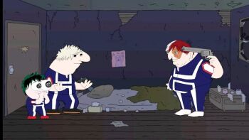 adult_swim bakugou_katsuki bedroom blonde_hair boku_no_hero_academia charlie_dompler curitoons depressed desmond_(smiling_friends) freckles green_hair gun midoriya_izuku multicolored_hair pim_pimling pointing_gun_at_head red_hair scar smiling_friends sportswear surprised todoroki_shoto two-tone_hair warner_bros. weapon white_hair