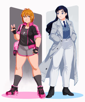 Rule 34 | 2girls, aged up, black gloves, blue eyes, blue hair, blue necktie, coat, collared shirt, commentary, english commentary, fingerless gloves, frogbians, full body, futari wa precure, gloves, grey coat, hands in pockets, highres, long hair, looking at viewer, misumi nagisa, multiple girls, necktie, open clothes, open coat, orange eyes, pants, precure, shirt, short hair, shorts, simple background, sweater vest, v, white pants, white shirt, yukishiro honoka