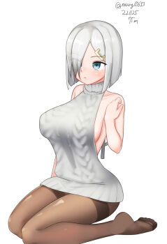 Rule 34 | 1girl, absurdres, backless outfit, breasts, commentary request, grey sweater, halterneck, hamakaze (kancolle), highres, kantai collection, kneeling, large breasts, maru (marg0613), naked sweater, one-hour drawing challenge, pantyhose, ribbed sweater, simple background, sleeveless, sleeveless sweater, solo, sweater, turtleneck, turtleneck sweater, virgin killer sweater, white background
