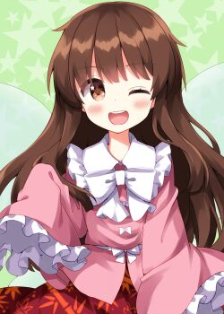 Rule 34 | 1girl, ;d, blush, bow, bowtie, brown eyes, brown hair, collared shirt, commentary request, contrast collar, cosplay, cowboy shot, fairy wings, frilled shirt collar, frilled sleeves, frills, green background, highres, houraisan kaguya, houraisan kaguya (cosplay), long hair, long sleeves, looking at viewer, one eye closed, open mouth, pink shirt, red skirt, ruu (tksymkw), shirt, skirt, sleeves past fingers, sleeves past wrists, smile, solo, star sapphire, teeth, touhou, upper teeth only, white bow, white bowtie, wide sleeves, wings