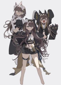 >_< alternate_costume animal_ears arknights black_cat black_shorts cat cat_ears cropped_legs enmaided flower gloves grey_background highres hood hooded_coat infection_monitor_(arknights) long_hair maid maid_headdress midriff navel note_nii pepe_(arknights) shorts sleeves_past_fingers sleeves_past_wrists white_flower white_gloves