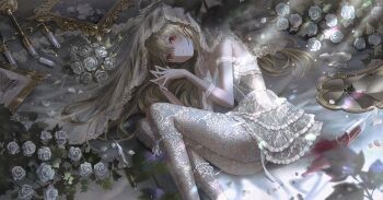 1girl alcohol blonde_hair bridal_veil broken_mirror character_request collarbone commentary cup dagger desk_lamp dress drinking_glass flower from_side hair_between_eyes hair_ribbon highres indie_utaite knife lamp long_hair looking_at_viewer lying mirror on_side own_hands_together painting_(object) pantyhose red_eyes red_ribbon ribbon sleeveless sleeveless_dress smile solo spilled_drink veil weapon wedding_dress white_dress white_flower white_pantyhose wine wine_glass yur1ca