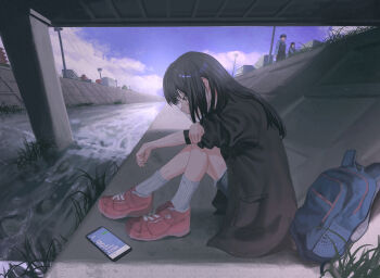 1girl absurdres backpack bag black_eyes black_hair black_jacket blue_bag blue_shorts bridge cellphone closed_mouth cloud duffel_bag from_side full_body grass highres jacket knees_up kyano_(kyanora3141) long_hair looking_down on_ground original outdoors phone power_lines profile red_footwear ribbed_legwear ribbed_socks river road shoes shorts sitting sky sleeves_pushed_up sleeves_rolled_up smartphone sneakers socks solo_focus unworn_backpack unworn_bag utility_pole water white_socks