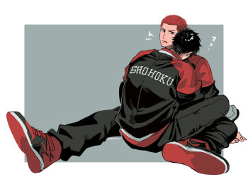 2boys a_nzi_end black_hair black_jacket black_pants border commentary_request full_body highres hug jacket male_focus multiple_boys pants red_hair red_shoes rukawa_kaede sakuragi_hanamichi shoes short_hair sitting slam_dunk_(series) sneakers white_border yaoi zzz