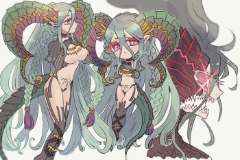Rule 34 | 2girls, black shrug, braid, breasts, commentary request, curled horns, dragon tail, dual persona, fate/grand order, fate (series), glowing, glowing eye, green hair, hair between eyes, hands on own chest, horns, large breasts, long hair, multiple girls, mutsuki (mutuki05), pointy ears, pubic tattoo, red eyes, revealing clothes, sharp teeth, shrug (clothing), symbol-shaped pupils, tail, tattoo, teeth, tiamat (dragon) (fate), tiamat (fate), tiamat (femme fatale) (fate), twin braids, very long hair, x-shaped pupils