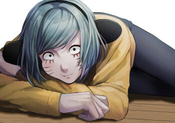 1boy animal_ears black_eyes blue_hair commentary_request crossed_arms facial_mark fake_animal_ears highres looking_at_viewer lying male_focus nil_(pixiv_53614557) nyon_(randal&#039;s_friends) on_stomach randal&#039;s_friends short_hair simple_background solo sweater whisker_markings white_background yellow_sweater