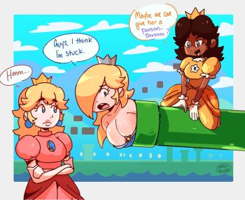 3girls alternate_skin_color annoyed blue_eyes breasts brown_hair chest_jewel cleavage crown darkened_skin earrings flower_earrings gloves hair_over_one_eye jewelry long_hair looking_at_another mario_(series) multiple_girls nintendo princess_daisy princess_peach rosalina smug speech_bubble struggling stuck super_mario_bros._wonder talking warp_pipe worried
