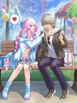 Rule 34 | 1boy, 1girl, :d, absurdres, bag charm, balloon, black jacket, black pants, blue hair, blue hat, blue jacket, blue sky, braid, breasts, caelus (honkai: star rail), caelus (world tour 2023) (honkai: star rail), charm (object), commentary request, cyrene (demiurge) (honkai: star rail), cyrene (honkai: star rail), cyrene (nylon japan) (honkai: star rail), dating, day, diamond-shaped pupils, diamond (shape), eyewear hang, ferris wheel, food, gradient hair, grey hair, grey skirt, hand on another's hand, hat, heart, highres, holding, holding food, holding ice cream, honkai: star rail, honkai (series), hood, hoodie, ice cream, isome, jacket, medium breasts, mem (honkai: star rail), multicolored hair, multiple scoops, navel, on bench, open mouth, outdoors, pants, pink hair, pointy ears, purple eyes, sitting, skirt, sky, smile, spoken heart, stomach, sunglasses, symbol-shaped pupils, trailblazer (honkai: star rail), unworn eyewear, white bag, white hoodie, yellow eyes