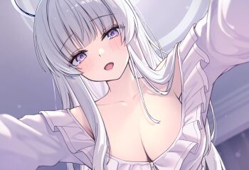 1girl absurdres blue_archive blush breasts cleavage collarbone halo highres long_hair looking_at_viewer mechanical_halo medium_breasts noa0319 noa_(blue_archive) noa_(pajamas)_(blue_archive) official_alternate_costume open_mouth pajamas purple_eyes solo white_hair white_halo white_pajamas