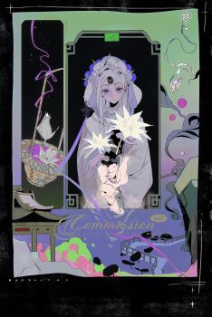 1girl absurdres architecture blue_eyes chinese_clothes closed_mouth commission dress east_asian_architecture flower hai_yexing_ren hair_ornament hand_up highres hood hood_up long_hair long_sleeves looking_at_viewer mihuashi_commission multiple_views original purple_ribbon ribbon watermark white_flower white_hair