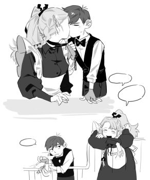 1boy 1girl alternate_costume apron between_fingers blank_speech_bubble blush bow bowtie braid chilchuck_tims choker cigarette closed_eyes collared_dress collared_shirt commentary cowboy_shot crossed_arms dress dungeon_meshi english_commentary enmaided fingerless_gloves formal_clothes frills gloves greyscale hair_between_eyes hair_bow hair_ribbon hetero high_ponytail highres holding holding_cigarette kiss kugai697139 long_hair long_sleeves looking_at_another maid marcille_donato monochrome multiple_views neck_ribbon open_mouth pants peril pointy_ears ponytail puffy_long_sleeves puffy_sleeves ribbon shirt short_hair simple_background single_braid smile smoke smoking speech_bubble standing sweatdrop table teeth vest