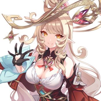 1girl alice_(genshin_impact) bare_shoulders blonde_hair breasts cleavage clover_print commentary_request detached_sleeves dress elf genshin_impact gloves h2so4 hashtag-only_commentary highres jewelry large_breasts long_hair looking_at_viewer pointy_ears red_dress red_sleeves ring side_ahoge simple_background smile solo waving wedding_ring white_background