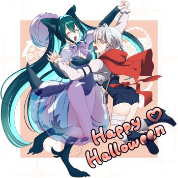 2girls absurdres ahoge air_bubble animal_costume animal_ears aqua_hair bandaid bandaid_on_face bandaid_on_nose basket big_bad_wolf big_bad_wolf_(cosplay) black_hair breasts bubble capelet colored_inner_hair cosplay dancing endoua_trpg goddess_of_victory:_nikke grey_hair hair_intakes highres holding_hands hood hooded_capelet large_breasts little_mermaid_(nikke) little_red_riding_hood_(fairy_tale) little_red_riding_hood_(fairy_tale_character) little_red_riding_hood_(fairy_tale_character)_(cosplay) long_hair mori_(nikke) multicolored_hair multiple_girls open_mouth red_capelet red_hood see-through_clothes short_hair smile very_long_hair wolf_costume yellow_eyes
