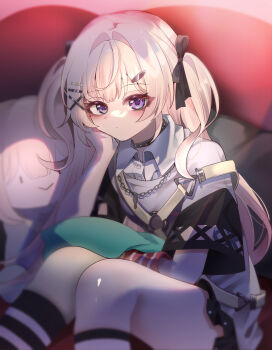 1girl absurdres arm_warmers bang_dream! bang_dream!_our_notes black_choker black_ribbon blonde_hair bueongba choker commentary grey_shirt hair_ornament hair_ribbon hairclip highres kneehighs long_hair looking_at_viewer parallel_hairclips purple_eyes red_arm_warmers ribbon shinomiya_shizuku shirt short_sleeves socks solo symbol-only_commentary two_side_up