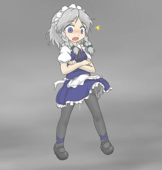 1girl blue_dress blush bow braid crossed_arms dress female_focus green_bow grey_background grey_hair grey_pantyhose hair_bow izayoi_sakuya maid maid_headdress mudadamuda open_mouth pantyhose pussy_juice pussy_juice_drip shoes standing surprised touhou twin_braids