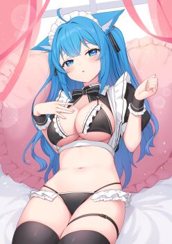 Rule 34 | 1girl, ahoge, alternate costume, animal ear piercing, animal ears, bikini, black bikini, black thighhighs, blue eyes, blue hair, blush, breasts, cleavage, cowboy shot, crop top, dog ears, dog girl, earrings, enmaided, framed breasts, hair intakes, hands up, highres, jewelry, large breasts, long hair, looking at viewer, maid, maid bikini, maid headdress, nanashi inc., navel, nishino eri, no pants, parted lips, puffy short sleeves, puffy sleeves, reclining, short sleeves, shrug (clothing), single earring, sitting, solo, souya ichika, stomach, string bikini, swimsuit, thigh strap, thighhighs, two side up, unconventional maid, virtual youtuber