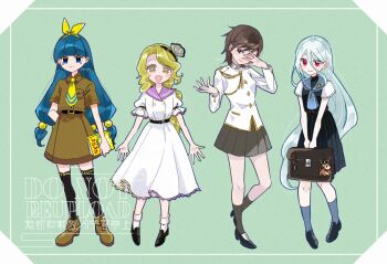 Rule 34 | 4girls, adapted costume, alternate costume, animal charm, bag, bag charm, black hairband, black skirt, black thighhighs, blue eyes, blue hair, blue shoes, blue socks, book, breasts, brown bag, brown hair, brown shirt, brown skirt, charm (object), commentary request, deer, dress, facial mark, fold-over boots, full body, grey hair, grey skirt, grey socks, hair ornament, hairband, highres, holding, holding bag, holding book, iwanaga ariya, katsuragi atori, loafers, long hair, long sleeves, looking at viewer, michigami nareko, missing wings, multiple girls, necktie, open mouth, pleated skirt, puffy short sleeves, puffy sleeves, red eyes, school uniform, shell, shell hair ornament, shirt, shoes, short sleeves, skirt, small breasts, smile, socks, sphere hair ornament, thighhighs, touhou, translation request, triangle, triangle facial mark, very long hair, watari nina, watermark, white dress, white shirt, yellow eyes, yellow hairband, yellow necktie, yuiman asama