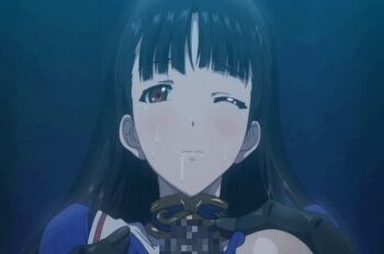 Rule 34 | 1girl, animated, animated gif, black hair, blush, breasts, censored, erect sawaru, hime cut, huge breasts, long hair, monster, nipples, paizuri, pandra, penis, pink pineapple, red eyes, reily (kuro) black, saliva, school uniform, sweat, t-rex (animation studio)