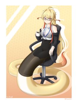 Rule 34 | 1girl, absurdres, ahoge, black jacket, black skirt, blonde hair, bra, bra visible through clothes, breasts, chair, chouhen huanhua cheng haiyang, coffee, coffee mug, commentary request, cup, glasses, gradient hair, highres, holding, holding cup, id card, jacket, lamia, large breasts, long hair, looking at viewer, monster girl, mug, multicolored hair, off shoulder, office chair, office lady, orange eyes, orange hair, original, pencil skirt, semi-rimless eyewear, shirt, sitting, skirt, sleeveless, sleeveless shirt, solo, swivel chair, tight clothes, tight shirt, two-tone hair, under-rim eyewear, underwear, white shirt