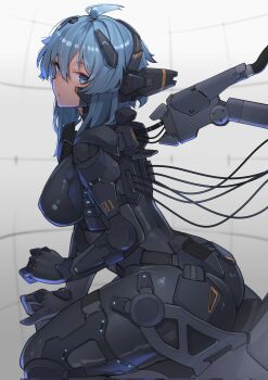 Rule 34 | 1girl, ahoge, ass, blue eyes, blue hair, breasts, hair ornament, headphones, highres, large breasts, looking at viewer, mecha pilot suit, numbered, original, plugsuit (evangelion), rabbit ears antenna, ringobatake, short hair, solo, thighs, wire