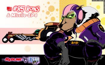 1boy animal_ears animal_nose artist_name belt black_boots black_gloves body_fur bons_(redline) boots brown_fur character_name closed_mouth copyright_name dog_boy dog_ears english_text f-zero fur-trimmed_jacket fur_collar fur_trim gloves green-tinted_eyewear green_eyes hand_on_own_leg helmet jacket logo long_sleeves looking_at_viewer male_focus missile-ep4_(redline) motorcycle_helmet newgrounds_username nintendo open_clothes open_jacket outline pants purple_jacket purple_pants redline rimless_eyewear snout solo squatting tindyflow tinted_eyewear two-tone_helmet watermark web_address white_outline zipper zipper_pull_tab