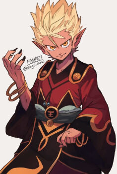 1boy artist_name black_nails blonde_hair bracelet coat colored_skin enma_daiou_(youkai_watch) gold_bracelet jewelry looking_at_viewer nonoji_(nonoji_ekaki) orange_eyes pointy_ears red_coat red_skin simple_background solo white_background youkai_(youkai_watch) youkai_watch