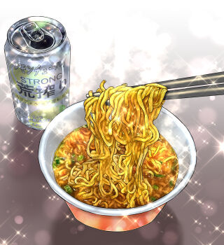 beer_can can chopsticks commentary_request drink_can food food_focus highres instant_cup_noodles instant_noodles kurumiri_ryo no_humans noodles original ramen