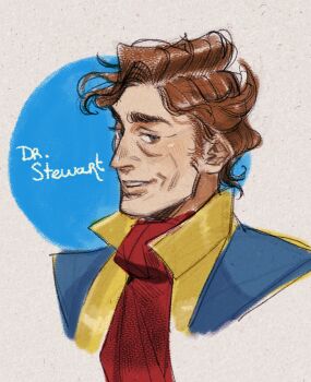 1boy brown_hair character_name dr._stewart f-zero grey_eyes highres monkii_(mjooolnina) nintendo open_mouth portrait scarf sketch smile solo