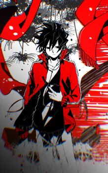 1boy black_eyes black_hair blurry blurry_foreground cellphone closed_mouth commentary_request earphones empty_eyes expressionless feet_out_of_frame floating_scarf floral_background flower hair_between_eyes highres holding holding_phone jacket kagerou_project kisaragi_shintarou long_scarf long_sleeves looking_at_viewer male_focus minstrel_(minstrel1005) pants phone popped_collar red_jacket red_scarf scarf shirt short_hair smartphone solo spider_lily spot_color standing t-shirt wind