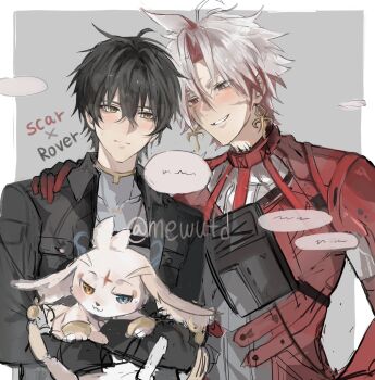 2boys animal animal_ears animal_nose antenna_hair black_hair black_jacket blue_eyes blush bodysuit border bracelet breast_pocket character_name closed_mouth coat covered_collarbone crossed_arms earrings gold_bracelet gold_earrings grey_background grey_bodysuit grey_eyes grey_hair grey_shirt hair_between_eyes half-closed_eyes heterochromia highres holding holding_animal jacket jewelry long_sleeves looking_at_another male_focus male_rover_(wuthering_waves) mewutd multicolored_hair multiple_boys necklace open_clothes open_jacket outside_border pink_fur pocket red_coat red_eyes red_hair rover_(wuthering_waves) scar scar_(wuthering_waves) scar_across_eye scar_on_face shirt short_hair simple_background smile speech_bubble sweatdrop sword_earrings t-shirt talking tassel tassel_earrings teeth two-tone_hair upper_body white_border wuthering_waves yellow_eyes