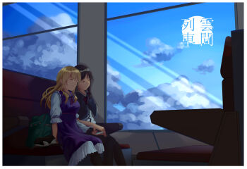 2girls bag black_capelet black_hat black_pantyhose black_skirt bow bowtie brown_hair buttons capelet chinese_text closed_eyes closed_mouth cloud collared_dress day dress dress_ribbon frilled_dress frilled_shirt_collar frills furahata_gen hair_between_eyes hair_bow hand_rest hat hat_bow highres holding light_rays maribel_hearn medium_hair multiple_girls no_headwear pantyhose puffy_sleeves purple_dress red_bow red_bowtie red_ribbon ribbon shirt short_hair sitting skirt sleeping sleeping_upright sleeve_cuffs smile touhou train_interior translated unworn_headwear usami_renko white_bow white_shirt