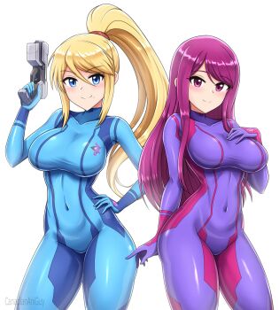 2girls blonde_hair blue_bodysuit blue_eyes bodysuit breasts canadiananiguy commentary commission english_commentary fire_emblem fire_emblem_engage highres ivy_(fire_emblem) large_breasts long_hair looking_at_viewer metroid multiple_girls nintendo ponytail purple_eyes purple_hair samus_aran skin_tight zero_suit
