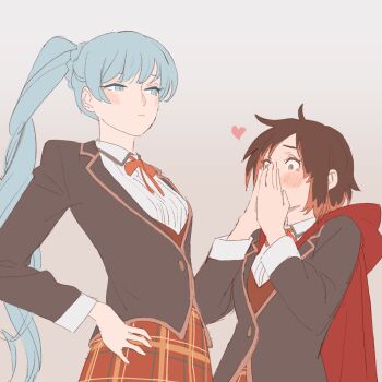 2girls 55bata6rou black_cape black_hair black_jacket blue_eyes blue_hair cape covering_own_mouth hand_on_own_hip highres hood hood_down hooded_cape jacket long_hair multiple_girls own_hands_together plaid_clothes plaid_skirt ponytail ruby_rose rwby school_uniform short_hair simple_background skirt weiss_schnee