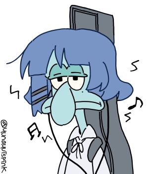 1boy blue_hair bocchi_the_rock! cosplay crossover guitar_case highres instrument_case male_focus mole mole_under_eye musical_note nickelodeon school_uniform shimokitazawa_high_school_uniform shirt simple_background solo spongebob_squarepants_(series) squid squidward_tentacles toon_(style) white_background white_shirt yamada_ryo yamada_ryo_(cosplay) yunayuispink