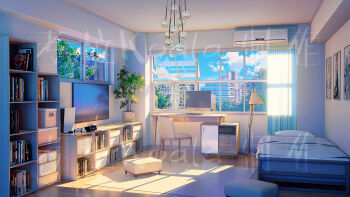 3d air_conditioner bed bedroom book chair chinese_commentary commentary_request controller curtains day desk game_controller hanging_light highres indoors lamp monitor mr.koala original pillow ponytail rug scenery shelf still_life television variant_set watermark window window_shadow wooden_floor