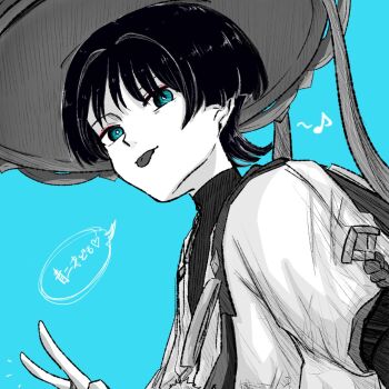 1boy aqua_eyes blue_background blunt_ends bodysuit bright_pupils eyeliner eyeshadow from_below genshin_impact greyscale_with_colored_background hat hatching_(texture) highres japanese_clothes jingasa kimono layered_sleeves linear_hatching looking_at_viewer makeup male_focus musical_note pom_pom_(clothes) pon_oi4 red_eyeliner red_eyeshadow rope scaramouche_(genshin_impact) short_sleeves sketch solo speech_bubble spot_color tongue tongue_out translation_request turtleneck turtleneck_bodysuit v wanderer_(genshin_impact) white_pupils wispy_bangs