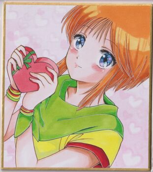 Rule 34 | 1girl, blue eyes, blush, box, box of chocolates, bracelet, chikoto (kztc4472), closed mouth, collarbone, commentary, dutch angle, elpeo puru, gundam, gundam zz, hands up, heart, heart-shaped box, heart background, highres, holding, holding box, jewelry, lips, long sidelocks, looking at viewer, multicolored shirt, orange hair, photo (medium), picture frame, pink background, short hair, sidelocks, smile, solo, traditional media, upper body, valentine, wispy bangs