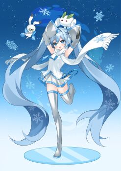 1girl 1other aqua_eyes aqua_hair aqua_scarf armpits arms_behind_head arms_up blue_scarf boots breasts commentary_request detached_sleeves full_body grey_boots grey_skirt hair_between_eyes hair_ornament happy hatsune_miku highres long_hair long_sleeves looking_at_viewer medium_breasts official_alternate_costume open_mouth pleated_skirt rabbit rabbit_yukine scarf shirt skirt sleeveless sleeveless_shirt smile snow_rabbit snowflake_print snowflakes standing standing_on_one_leg thick_thighs thigh_boots thighhighs thighs twintails very_long_hair vocaloid white_scarf white_shirt wide_sleeves yuki_miku yuki_miku_(2011) yuni_(irohasuiroiro) zettai_ryouiki