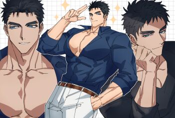 Rule 34 | 1boy, bara, belt, black hair, black shirt, blue eyes, blue shirt, bodybuilder, brown belt, bursting pectorals, collarbone, domo (domo kizusuki), hair down, hand in pocket, highres, kokado shido (domo), large pectorals, male focus, manly, multiple views, muscular, muscular arms, muscular male, original, pants, partially open shirt, pectoral cleavage, pectorals, salute, shirt, short hair, shredded muscles, sideburns, smile, star (symbol), tareme, taut clothes, thick eyebrows, tight clothes, two-finger salute, v-taper, white pants