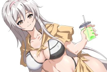 1girl assault_lily bikini black_bikini breasts brown_eyes capelet closed_mouth collarbone commentary covered_erect_nipples cup disposable_cup drink drinking_straw dutch_angle grey_hair hair_between_eyes hairband halterneck hand_up hayakawa_yahiro holding holding_cup large_breasts light_blush light_smile long_hair looking_at_viewer mototenn multicolored_bikini orange_capelet orange_sarong pink_hairband sarong simple_background solo standing stomach string_bikini swimsuit two-tone_bikini upper_body white_background white_bikini
