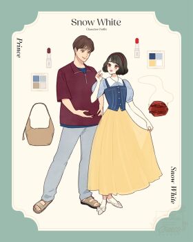 1boy 1girl black_hair bow brown_eyes dress hair_bow highres long_hair looking_at_viewer meecosme open_mouth puffy_short_sleeves puffy_sleeves red_bow short_hair short_sleeves skirt smile snow_white_(disney) snow_white_and_the_seven_dwarfs_(disney) the_prince_(disney) yellow_skirt