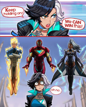 2boys 2girls arc_reactor armor avengers_(series) black_hair blue_eyes breasts choker crop_top dark-skinned_female dark_skin earrings electricity fantastic_four fire heterochromia highres iron_man iron_man_(series) jacket jewelry johnny_storm lightning_bolt_earrings lightning_bolt_symbol looking_at_viewer luna_snow marvel marvel_rivals multicolored_armor multicolored_bodysuit multicolored_hair multiple_boys multiple_girls neggoartz no_pupils power_armor short_hair smile snowflake_ornament split-color_hair storm_(x-men) superhero_costume thigh_armor two-tone_bodysuit two-tone_hair very_dark_skin white_hair x-men