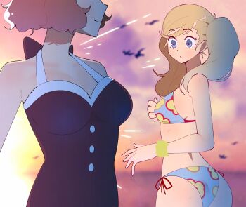 2girls absurdres ass bare_shoulders bikini blonde_hair blue_eyes breasts cleavage female_focus gjh highres long_hair looking_at_another medium_breasts multiple_girls okumura_haru one-piece_swimsuit persona persona_5 short_hair swimsuit takamaki_anne twintails